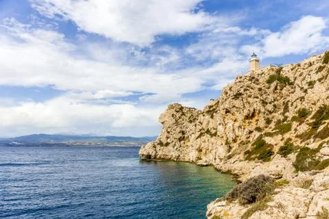 Distant view on lighthouse in Melagavi Foto stock
