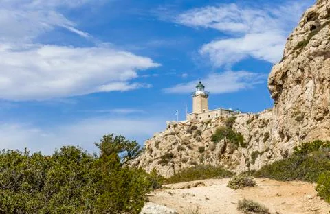 Distant view on lighthouse in Melagavi Stock-Fotos