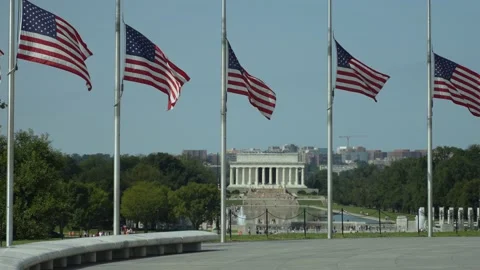 Distant view of Lincoln Memorial through the flags waving in the wind at the Video stock 213293783