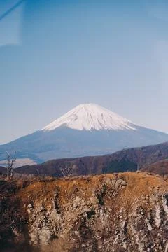 Distant view of a Mount Fuji under a clear sky Stock Photos