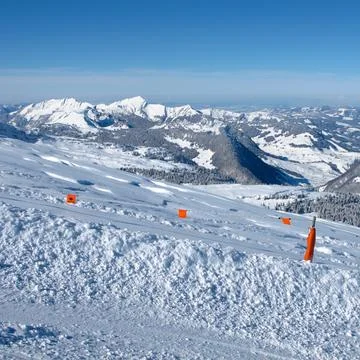 Distant view of Mount Grosser Speer in winter, Switzerland. Stock Photos