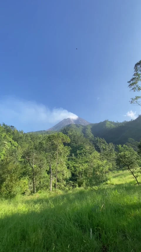Distant view of Mount Merapi with smoke rising from its crater 스톡 동영상 346837539