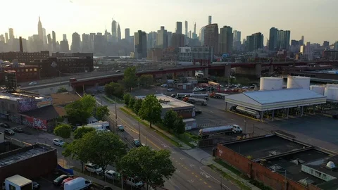 Distant View of the New York City Skyline Near Sunset Stock Footage 112890639