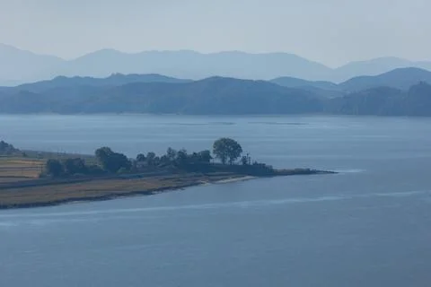 Distant view of North Korean side from demilitarized zone in South Korea Stock Photos