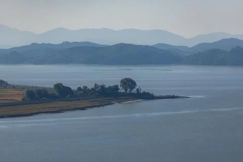 Distant view of North Korean side from demilitarized zone in South Korea Stock Photos