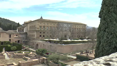 Distant View of Palace of King Carlos V Seen from Alcazaba Fortress Stock Footage 237836628