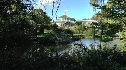 Distant View of Palm House Tropical Greenhouse in Copenhagen Botanical Garden Stock Footage 68377448