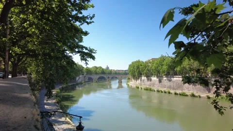 A distant view of the Ponte Sisto across the river Tiber in Rome on a spring day Stock Footage 154548083