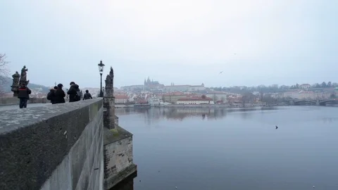 Distant view on Prague castle taken at the foot of Old Town Bridge Tower. Stock Footage 123687684