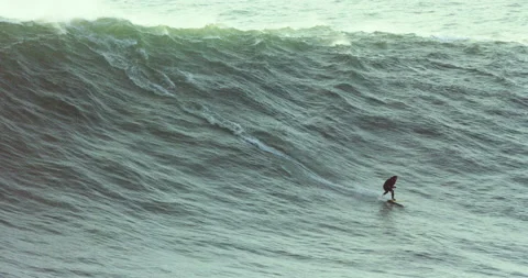 Distant view of professional surfer riding on huge ocean wave during sunset Stock Footage 156628696