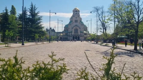 Distant view reveal of St. Alexander Nevsky Cathedral in Sofia, Bulgaria, warm Stock Footage 310767779