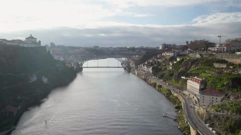 Distant view of the river bridges from a high elevation. Stockbeeldmateriaal 327624717