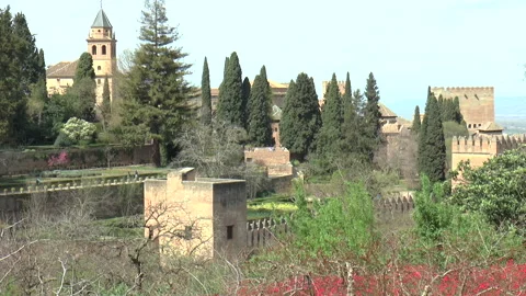 Distant View of Stone Towers and Walls Around Generalife Gardens in Alhambra Stock Footage 237819815