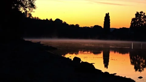 Distant View of Sunrise River with Swans in Mist – Cinematic 4K Stock-Footage 321180415