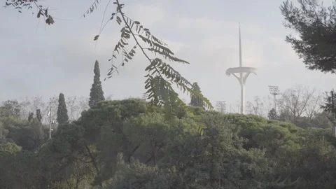 Distant view of the tower of comunication of Montjuic I Barcelona Stock Footage 124803664