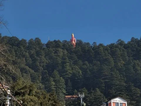 Distant view of a towering hilltop statue rising above dense pine forests Stock Photos