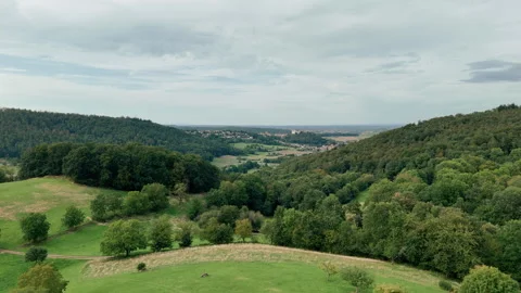 A distant village with a castle in between green forests, hills and fields Stock Footage 248088895