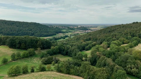 A distant village with a castle in between green forests, hills and fields Stock Footage 248089261