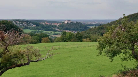 A distant village with a castle in between green forests, hills and fields Stock Footage 248089271