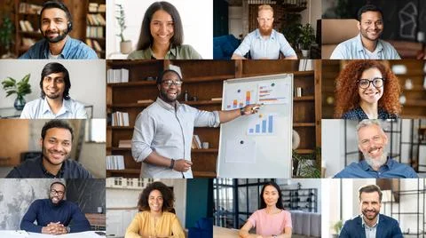 Distant web brainstorming of multiracial team, video call Stock Photos