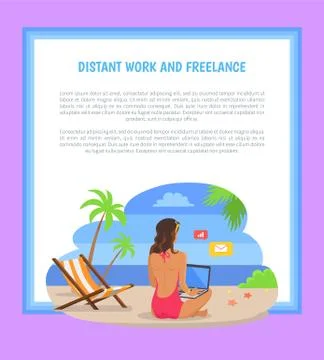Distant Work and Freelance Poster Freelancer Woman 스톡 일러스트