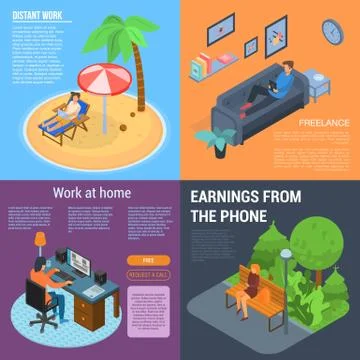 Distant work banner set, isometric style Stock Illustration