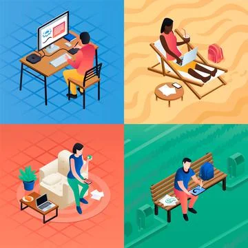 Distant work banner set, isometric style 스톡 일러스트