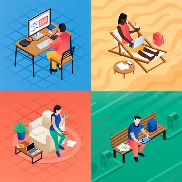 Distant work banner set, isometric style Stockillustratie