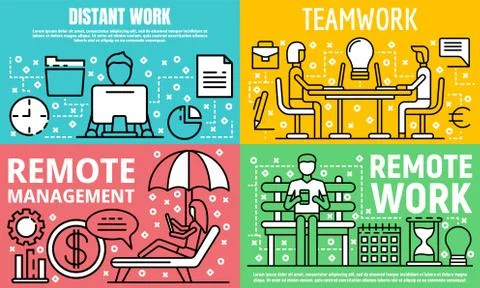 Distant work banner set, outline style Stock Illustration