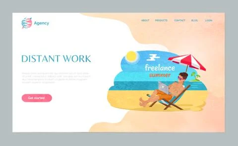 Distant Work on Beach, Man Using Laptop Vector Stock Illustration