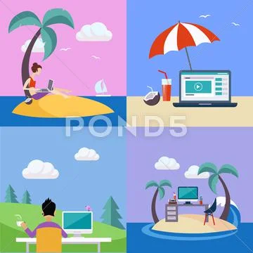 Distant Work On Holidays Illustration Set Stock Illustration