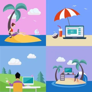Distant Work On Holidays Illustration Set Stock Illustration