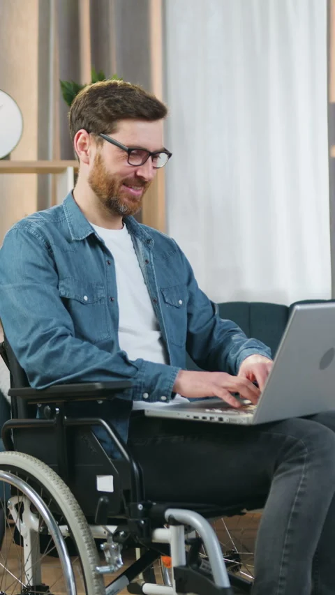 Distant work from home concept where good-looking joyful skilled 40-aged male of Stock Footage 329234950