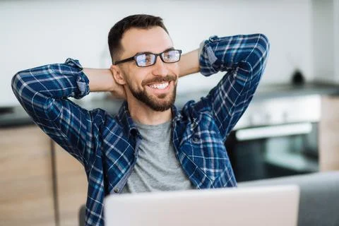 Distant work man business freelancer home caucasian student Foto stock