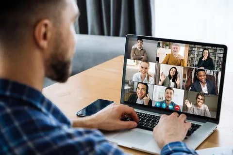 Distant work man business freelancer home caucasian laptop group people Stock Photos