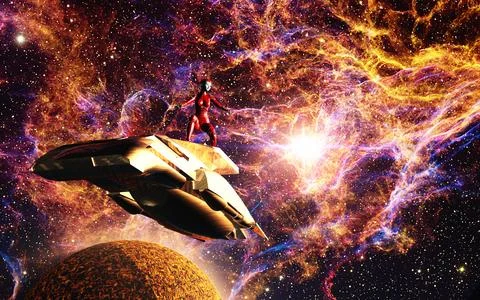 Distant world with astronaut and starry sky Stock Illustration
