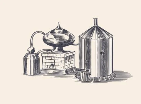 Distilled alcohol. Device for preparing tequila, cognac and spirits. Engraved Stock Illustration