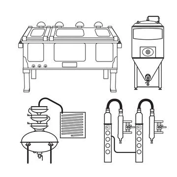 Distillery and fermentation equipment vector set illustration Stock Illustration