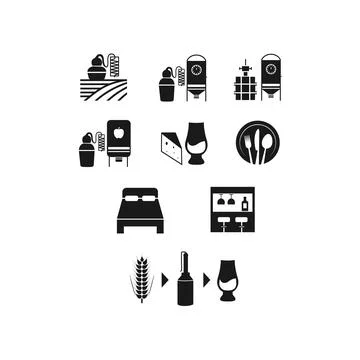 Distilling vinification fermentation vector icon set pack Stock Illustration