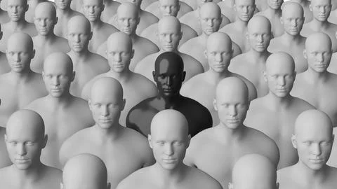 Distinct Black Figure Among White  Mannequins in a Crowd. Conceptual Illust.. Stock Illustration