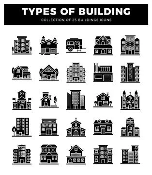 A distinct building icon illustrations on a white background with text. Ilustración de archivo