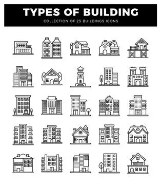 A distinct building icons presented in a grid layout on a white background. Ilustración de archivo