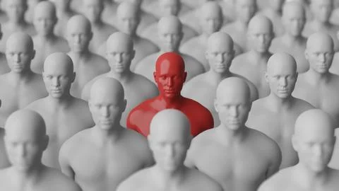 Distinct Red Figure Among White Mannequins in a Crowd. Conceptual Illustrat.. Stock Illustration