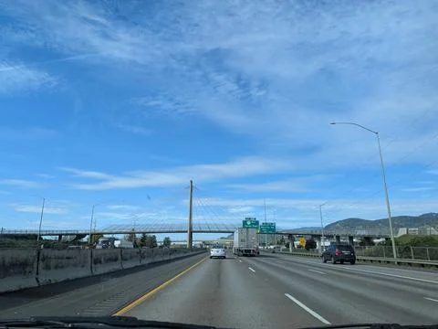 Distinctive freeway overpass with cable-supported architecture 库存照片