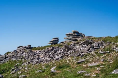 Distinctive granite rock formations stack precariously on Bodmin Moor Stock Photos