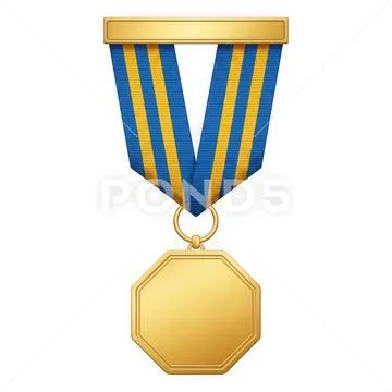 Distinguished octagonal medal with blue and gold ribbon isolated on white b.. PSD Template