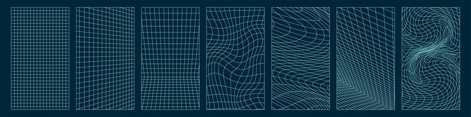 Distorted and perspective neon grid vertical backgrounds set. Abstract glitch Illustrazione stock
