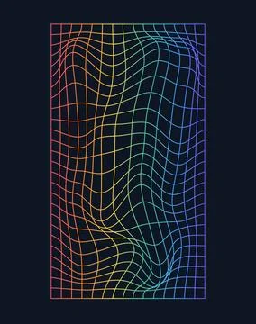 Distorted and warped rainbow laser grid on dark background. Retrowave, synt.. Stock Illustration