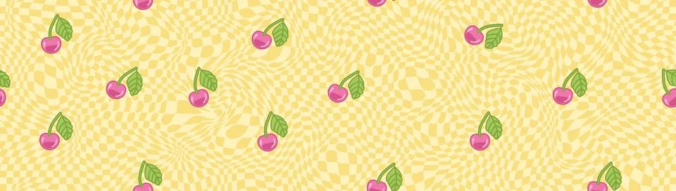 Distorted Checkerboard Background with Yellow Cherry Pattern Stock Illustration