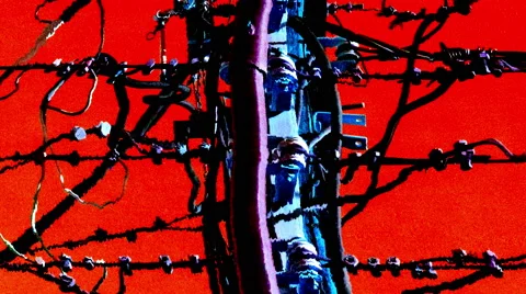 Distorted Flickering an Electric Pole with Wires On Red Art Background Stock Footage 64928798